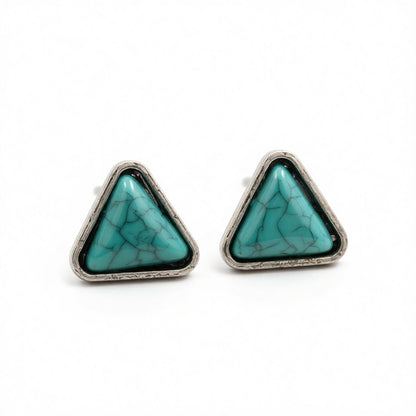 Turquoise and Silver-Plated Triangle Stud Earrings, silver stud earrings for women, elegant gift for her, side view