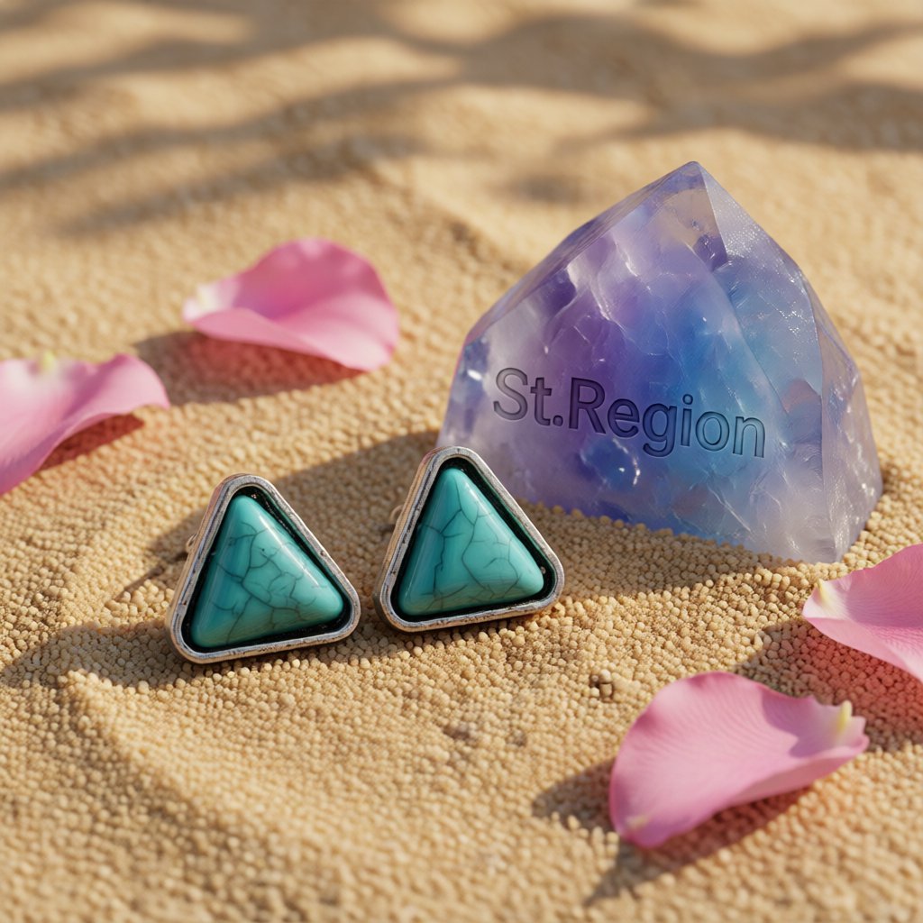 Turquoise and Silver-Plated Triangle Stud Earrings, silver stud earrings for women, elegant gift for her, detail close-up