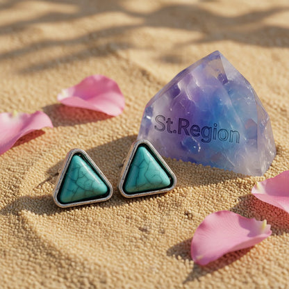 Turquoise and Silver-Plated Triangle Stud Earrings, silver stud earrings for women, elegant gift for her, detail close-up