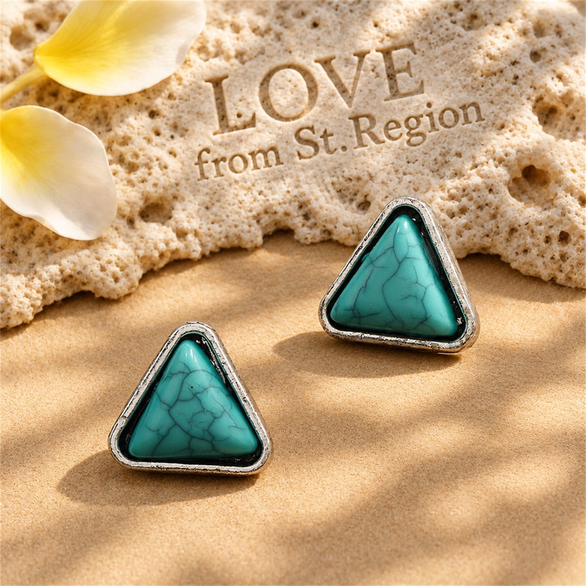 Turquoise and Silver-Plated Triangle Stud Earrings, silver stud earrings for women, elegant gift for her, lifestyle look