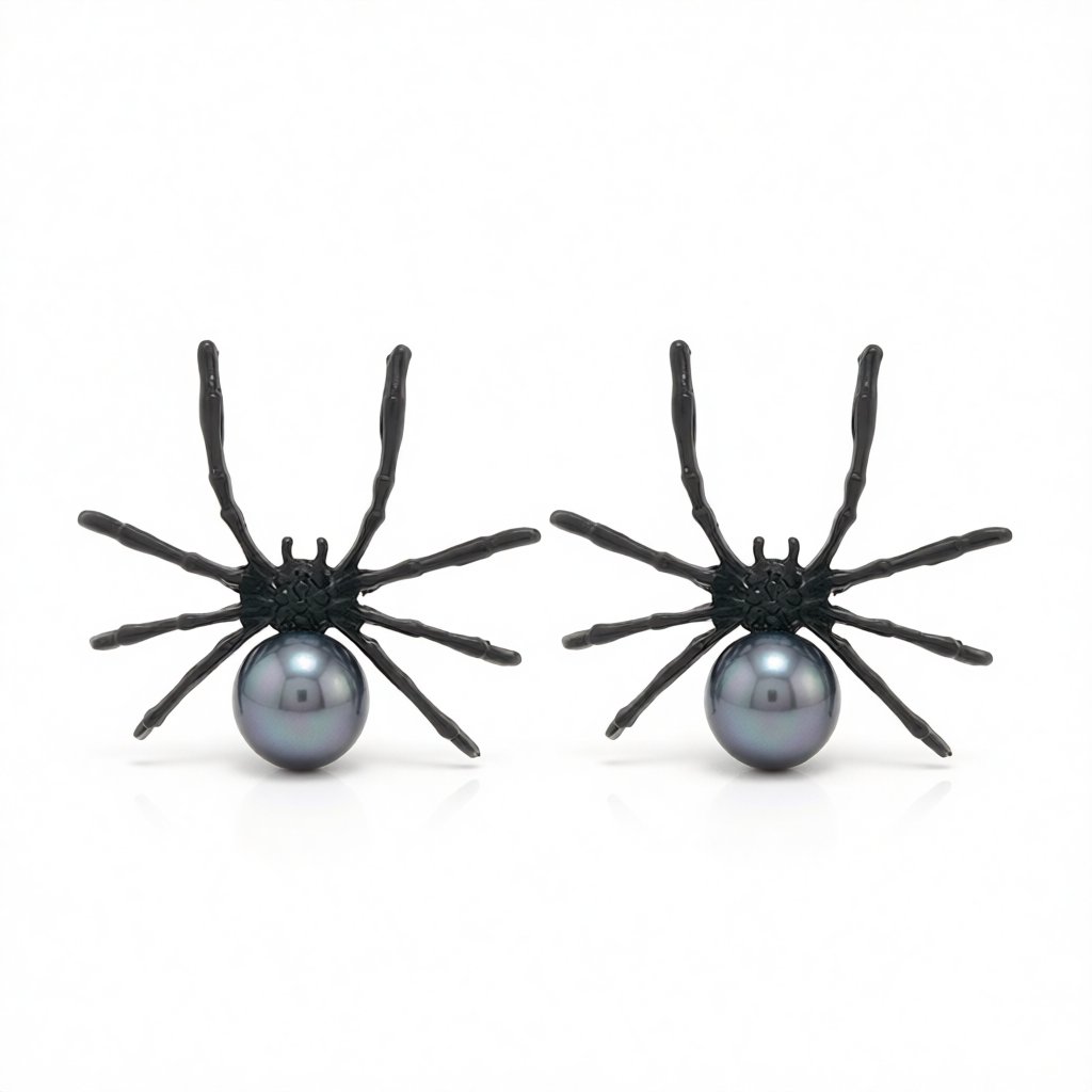 Black Pearl and Black Cubic Zirconia Spider Stud Earrings, stud earrings for women, elegant gift for her, side view