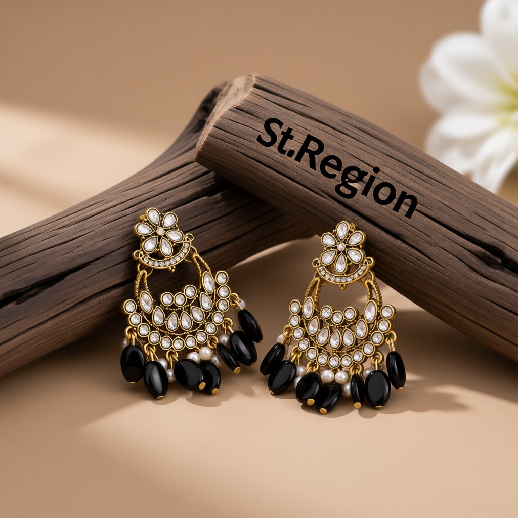 Black Resin and Crystal Cubic Zirconia 18K Gold-Plated Floral Tassel Drop Earrings, gold drop earrings for women, front view