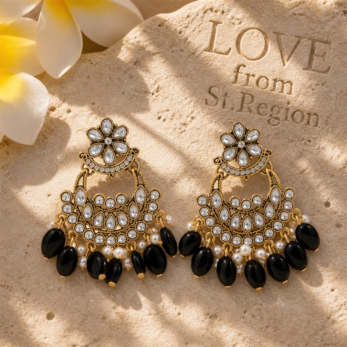 Black Resin and Crystal Cubic Zirconia 18K Gold-Plated Floral Tassel Drop Earrings, gold drop earrings..., lifestyle look