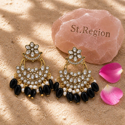 Black Resin and Crystal Cubic Zirconia 18K Gold-Plated Floral Tassel Drop Earrings, gold drop earrings..., detail close-up