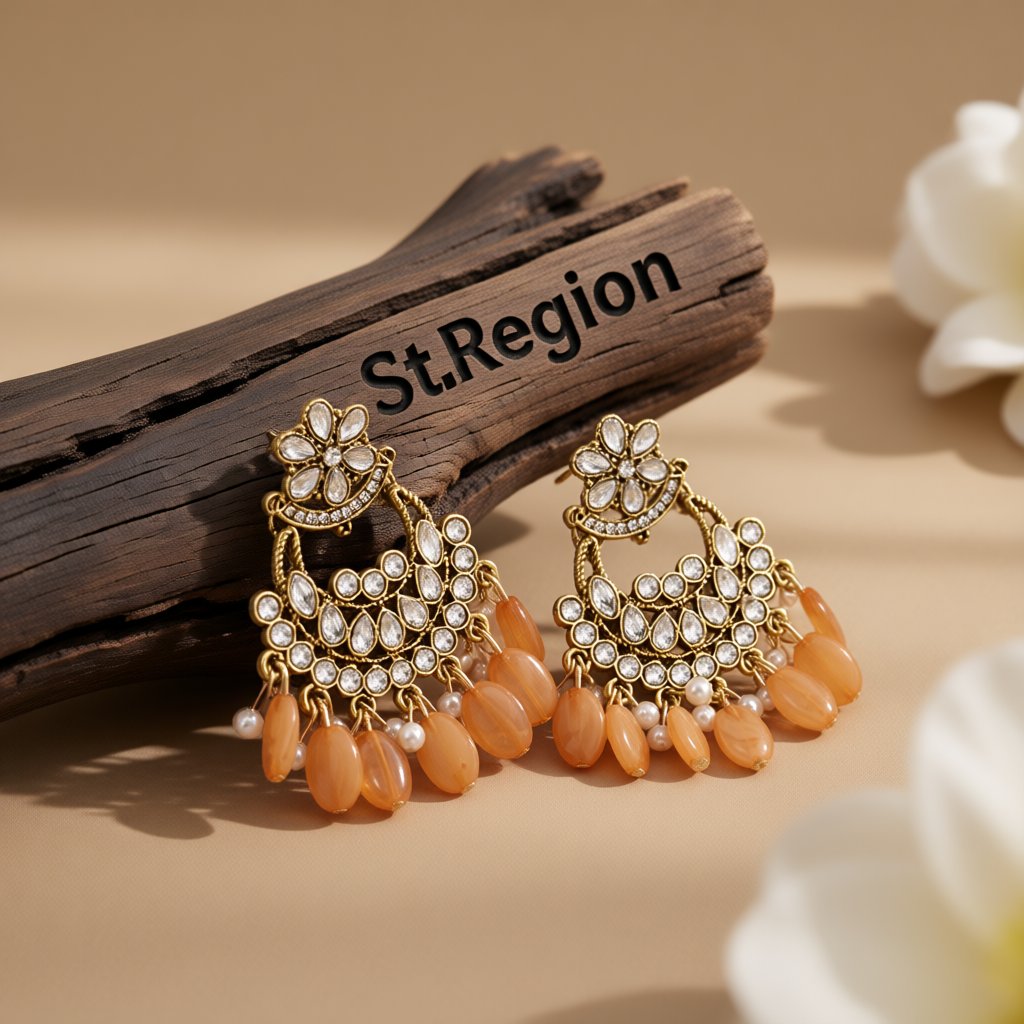 Orange Resin and Crystal Cubic Zirconia 18K Gold-Plated Floral Tassel Drop Earrings, gold drop earrings for women, front view