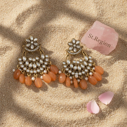 Orange Resin and Crystal Cubic Zirconia 18K Gold-Plated Floral Tassel Drop Earrings, gold drop earrings..., detail close-up