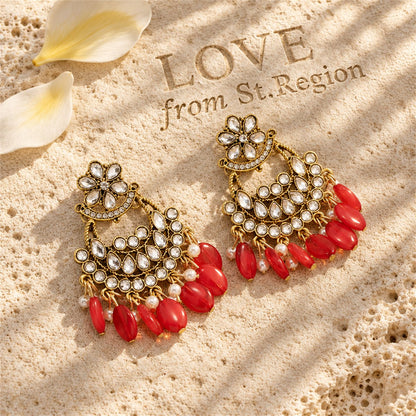 Red Resin and Crystal Cubic Zirconia 18K Gold-Plated Floral Tassel Drop Earrings, gold drop earrings for..., lifestyle look