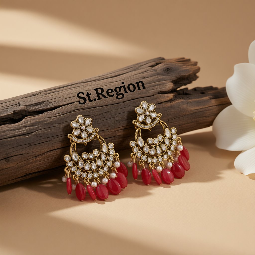 Red Resin and Crystal Cubic Zirconia 18K Gold-Plated Floral Tassel Drop Earrings, gold drop earrings for women, front view