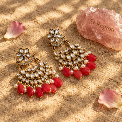 Red Resin and Crystal Cubic Zirconia 18K Gold-Plated Floral Tassel Drop Earrings, gold drop earrings for..., detail close-up