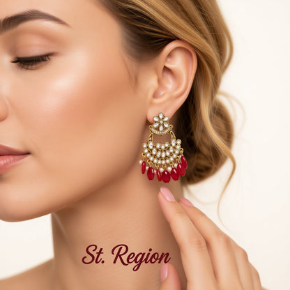 Red Resin and Crystal Cubic Zirconia 18K Gold-Plated Floral Tassel Drop Earrings, gold drop earrings for women, styled look