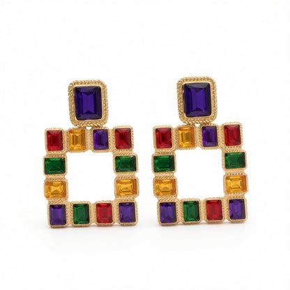 Green Multicolor Crystal and 18K Gold-Plated Square Drop Earrings, gold drop earrings for women, everyday style, side view