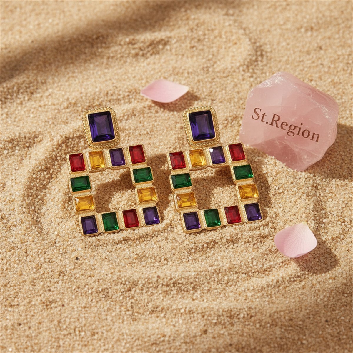 Green Multicolor Crystal and 18K Gold-Plated Square Drop Earrings, gold drop earrings for women, detail close-up