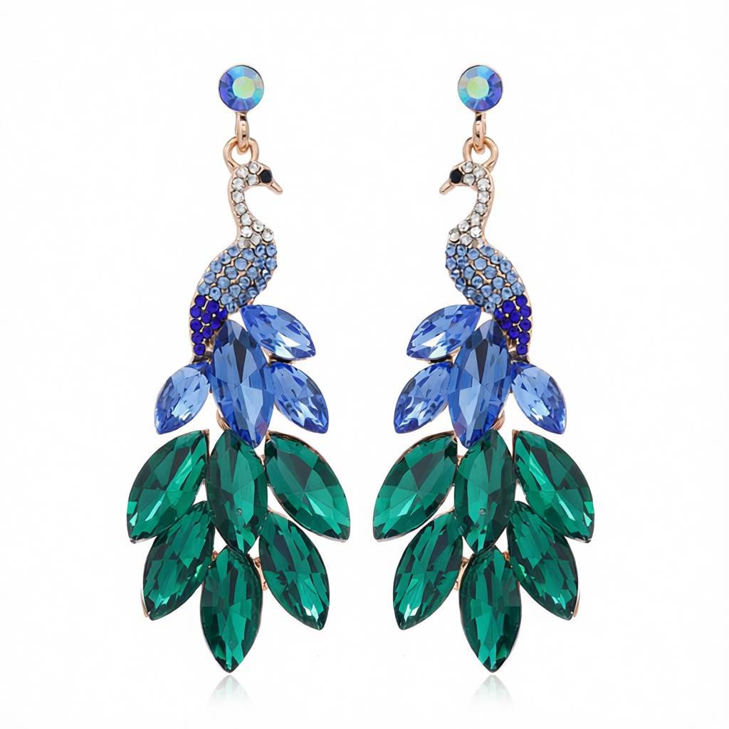 Blue & Green Crystal Cubic Zirconia Peacock Drop Earrings