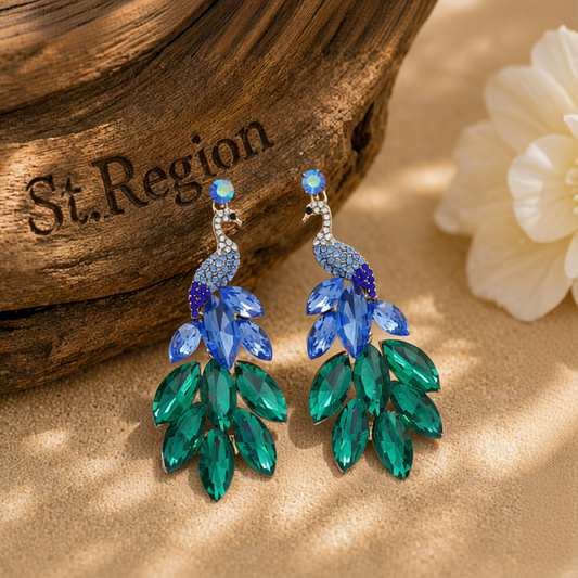 Blue & Green Crystal Cubic Zirconia Peacock Drop Earrings