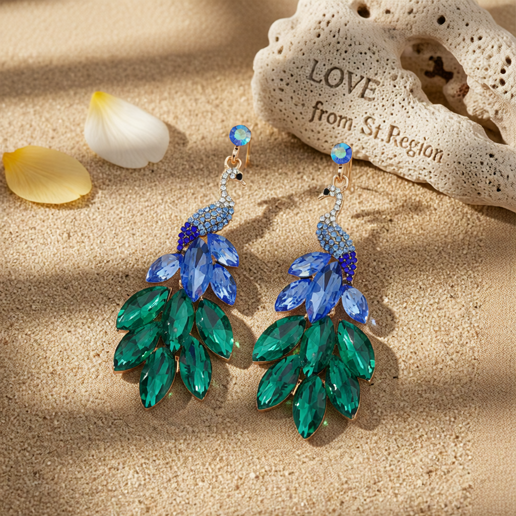 Blue & Green Crystal Cubic Zirconia Peacock Drop Earrings