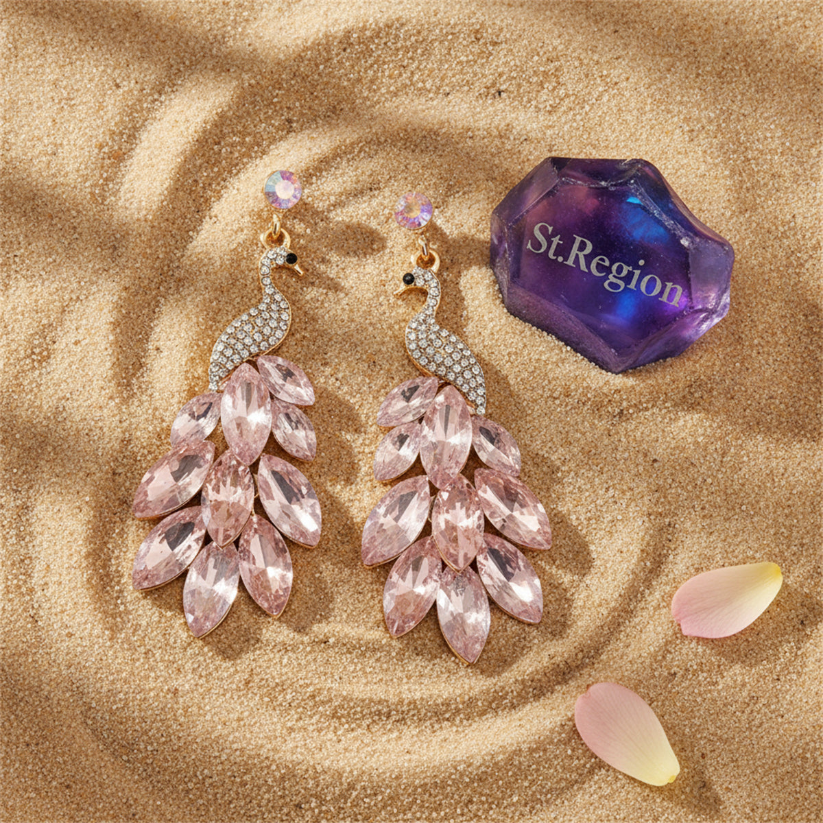 Light Pink Crystal & Cubic Zirconia Peacock Drop Earrings