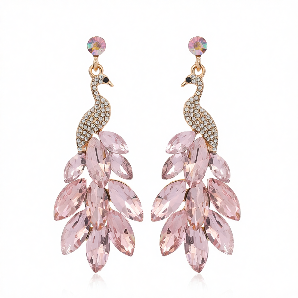 Light Pink Crystal & Cubic Zirconia Peacock Drop Earrings