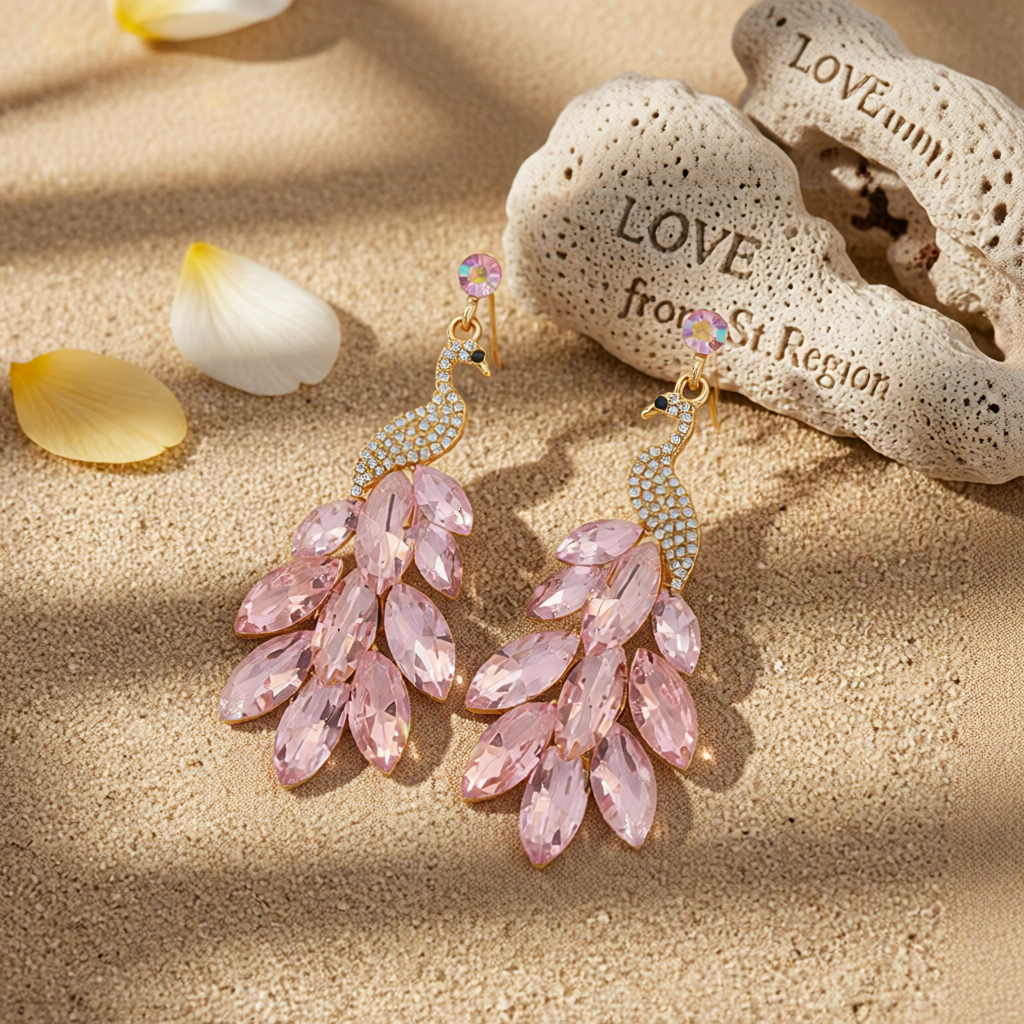 Light Pink Crystal & Cubic Zirconia Peacock Drop Earrings