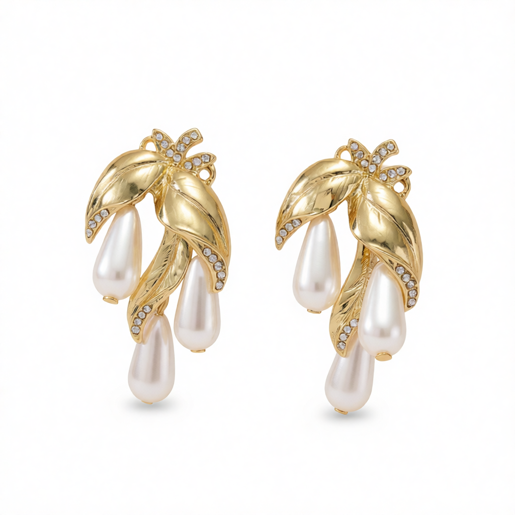 Pearl & Cubic Zirconia 18K Gold-Plated Botanical Drop Earrings