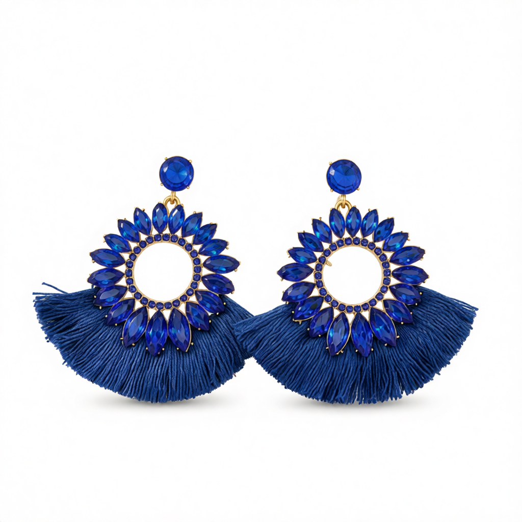 Blue Polyster & Cubic Zirconia Crystal Round Tassel Drop Earrings