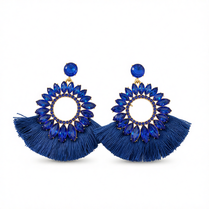 Blue Polyster & Cubic Zirconia Crystal Round Tassel Drop Earrings