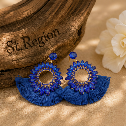 Blue Polyster & Cubic Zirconia Crystal Round Tassel Drop Earrings
