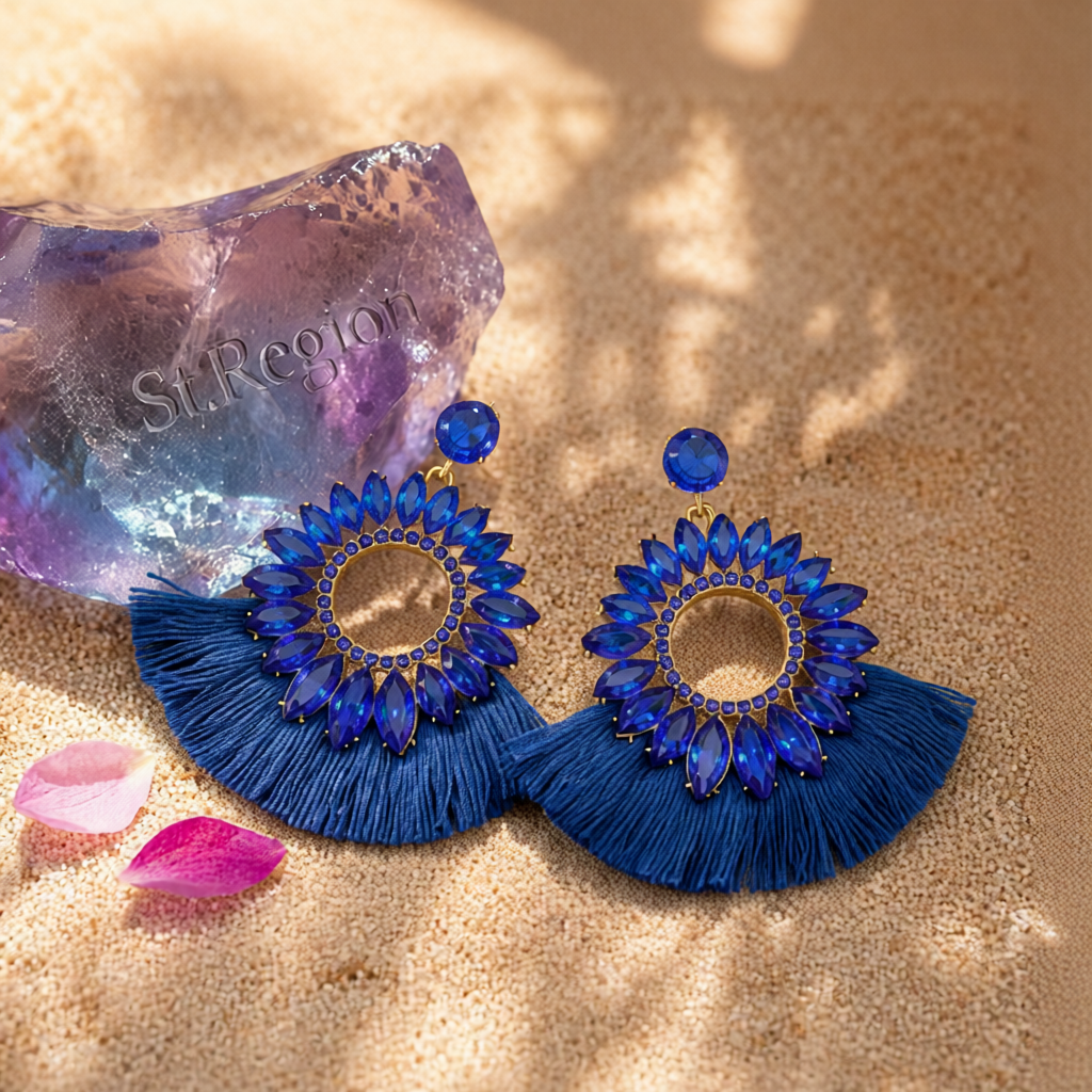 Blue Polyster & Cubic Zirconia Crystal Round Tassel Drop Earrings