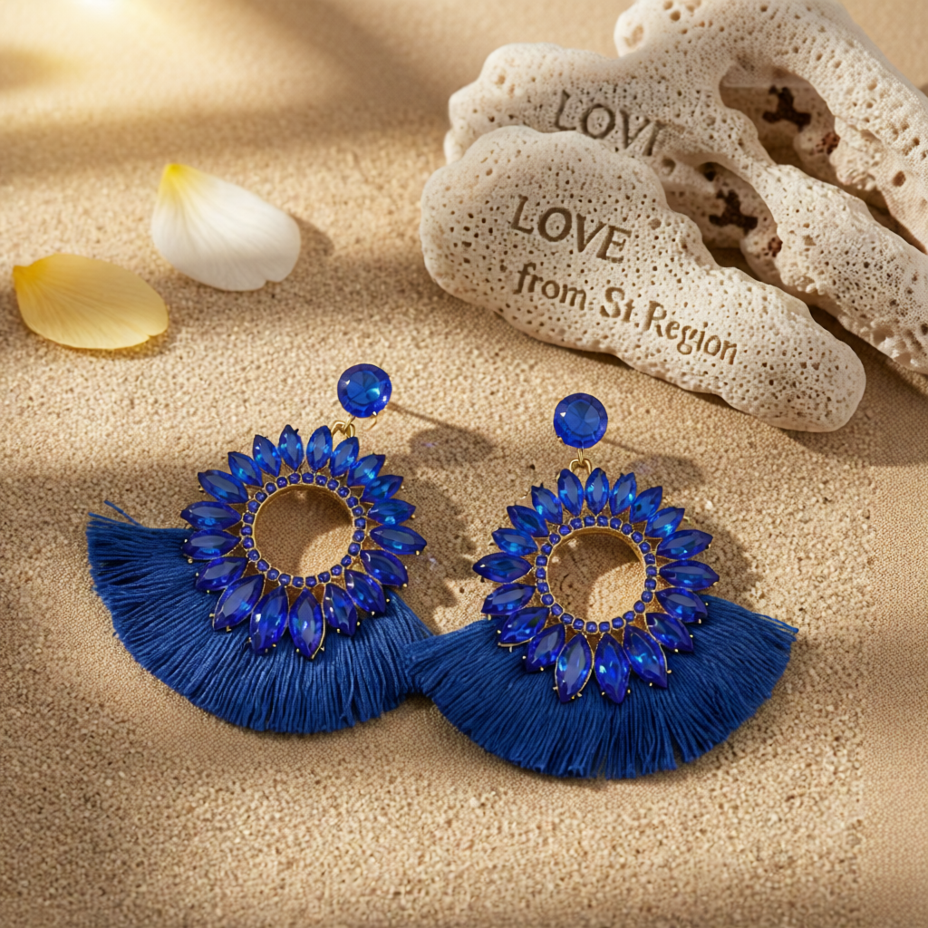 Blue Polyster & Cubic Zirconia Crystal Round Tassel Drop Earrings