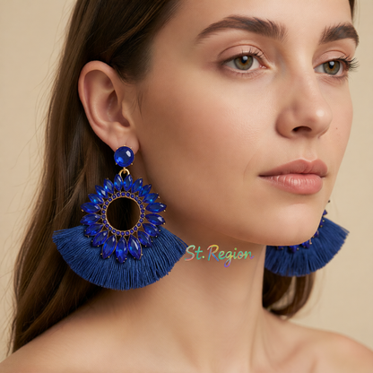 Blue Polyster & Cubic Zirconia Crystal Round Tassel Drop Earrings