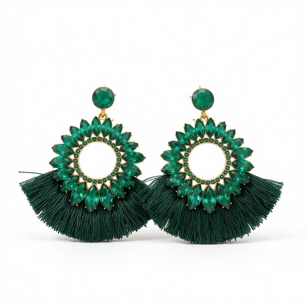 Green Polyster & Cubic Zirconia Crystal Round Tassel Drop Earrings