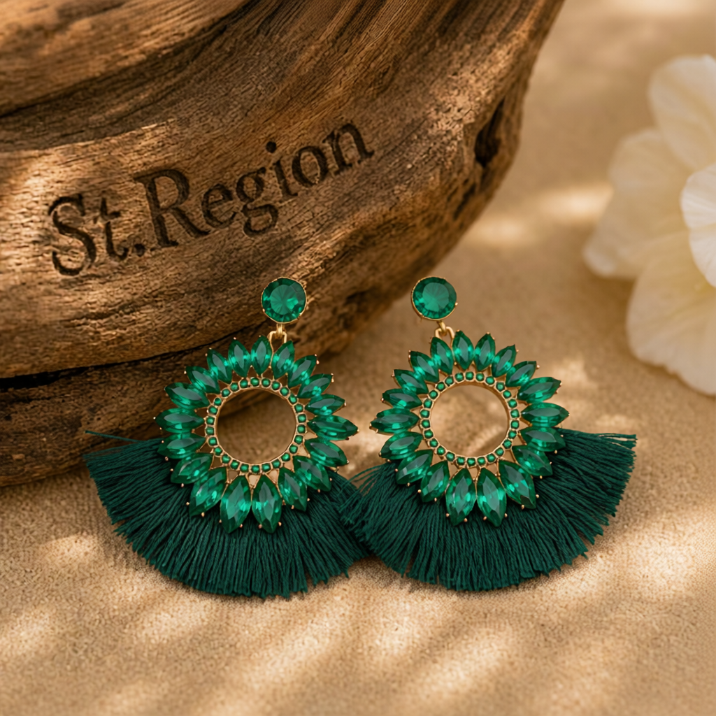 Green Polyster & Cubic Zirconia Crystal Round Tassel Drop Earrings