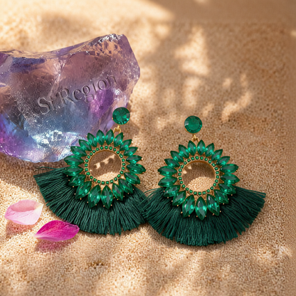 Green Polyster & Cubic Zirconia Crystal Round Tassel Drop Earrings