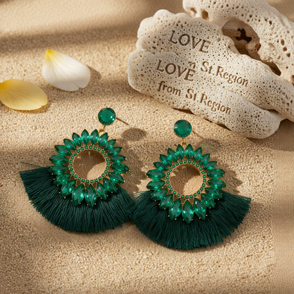 Green Polyster & Cubic Zirconia Crystal Round Tassel Drop Earrings