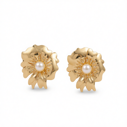 Pearl & 18K Gold-Plated Textured Flower Stud Earrings