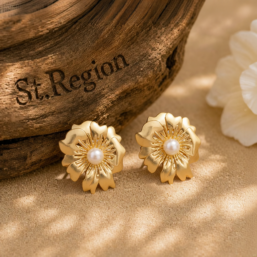 Pearl & 18K Gold-Plated Textured Flower Stud Earrings