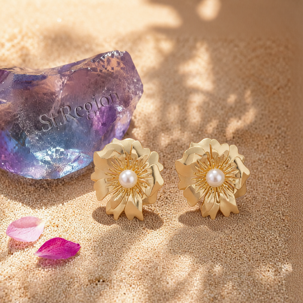 Pearl & 18K Gold-Plated Textured Flower Stud Earrings