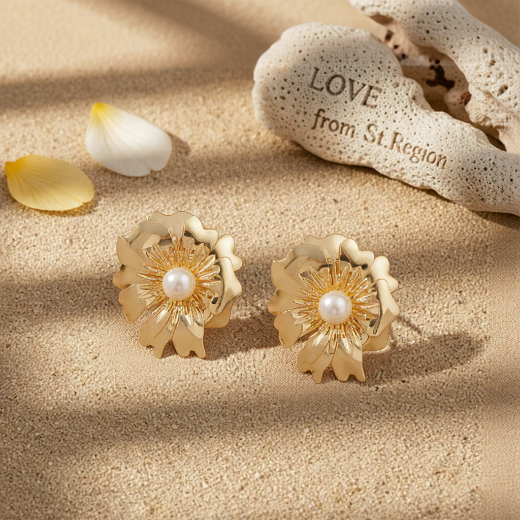 Pearl & 18K Gold-Plated Textured Flower Stud Earrings