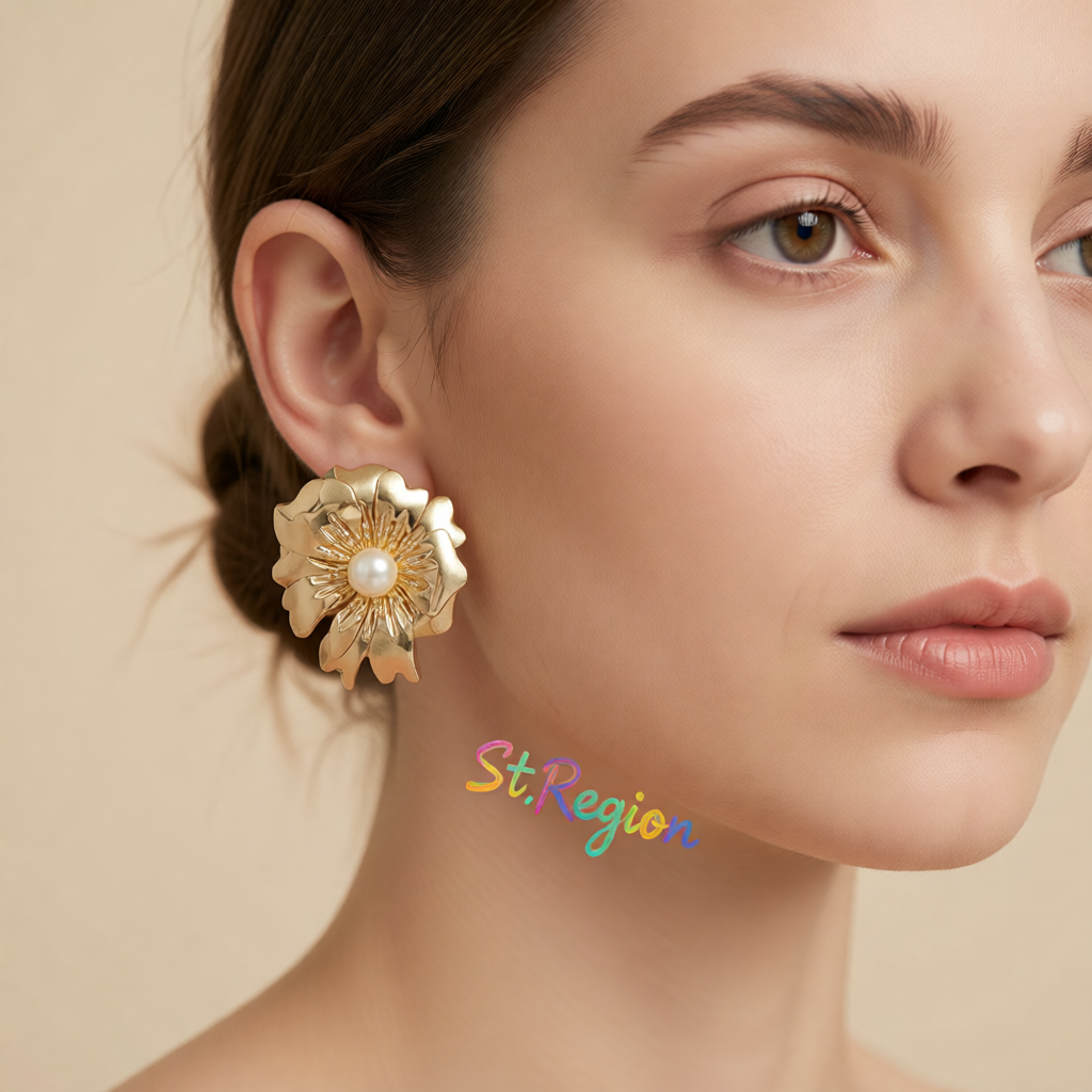 Pearl & 18K Gold-Plated Textured Flower Stud Earrings