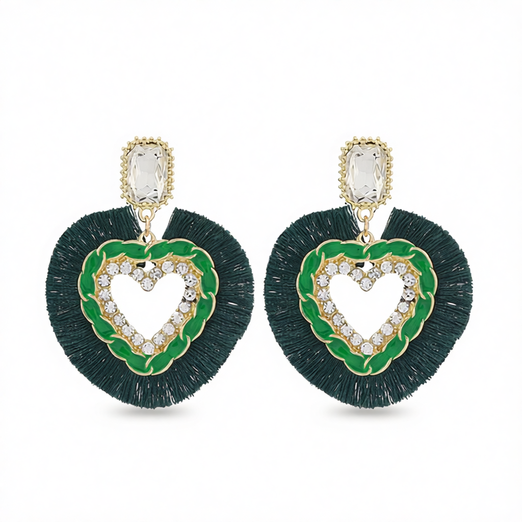 Green Polyster & Enamel Crystal Cubic Zirconia 18K Gold-Plated Heart Dangle Earring