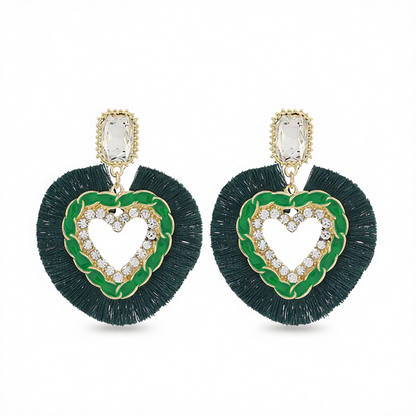 Green Polyster & Enamel Crystal Cubic Zirconia 18K Gold-Plated Heart Dangle Earring
