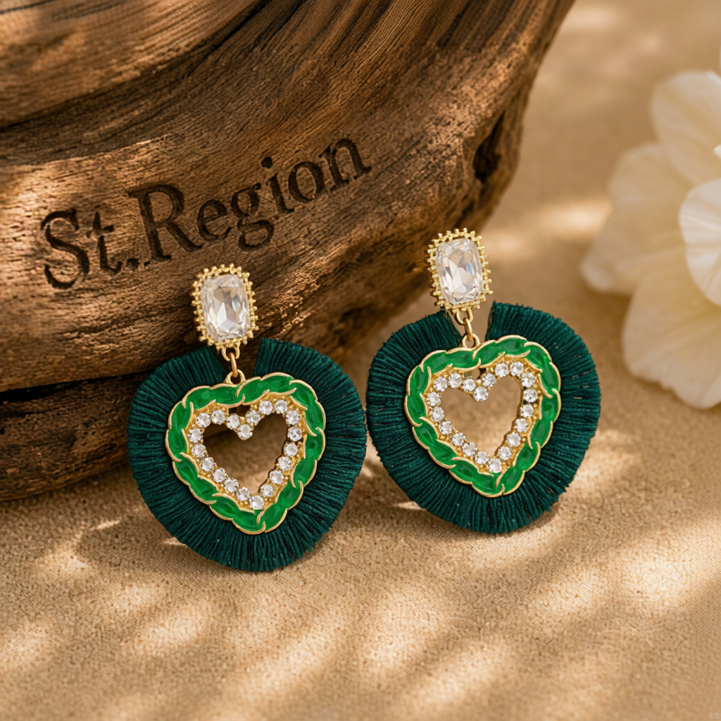 Green Polyster & Enamel Crystal Cubic Zirconia 18K Gold-Plated Heart Dangle Earring