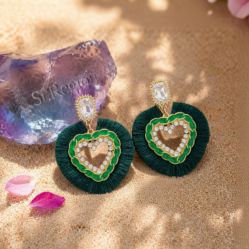 Green Polyster & Enamel Crystal Cubic Zirconia 18K Gold-Plated Heart Dangle Earring