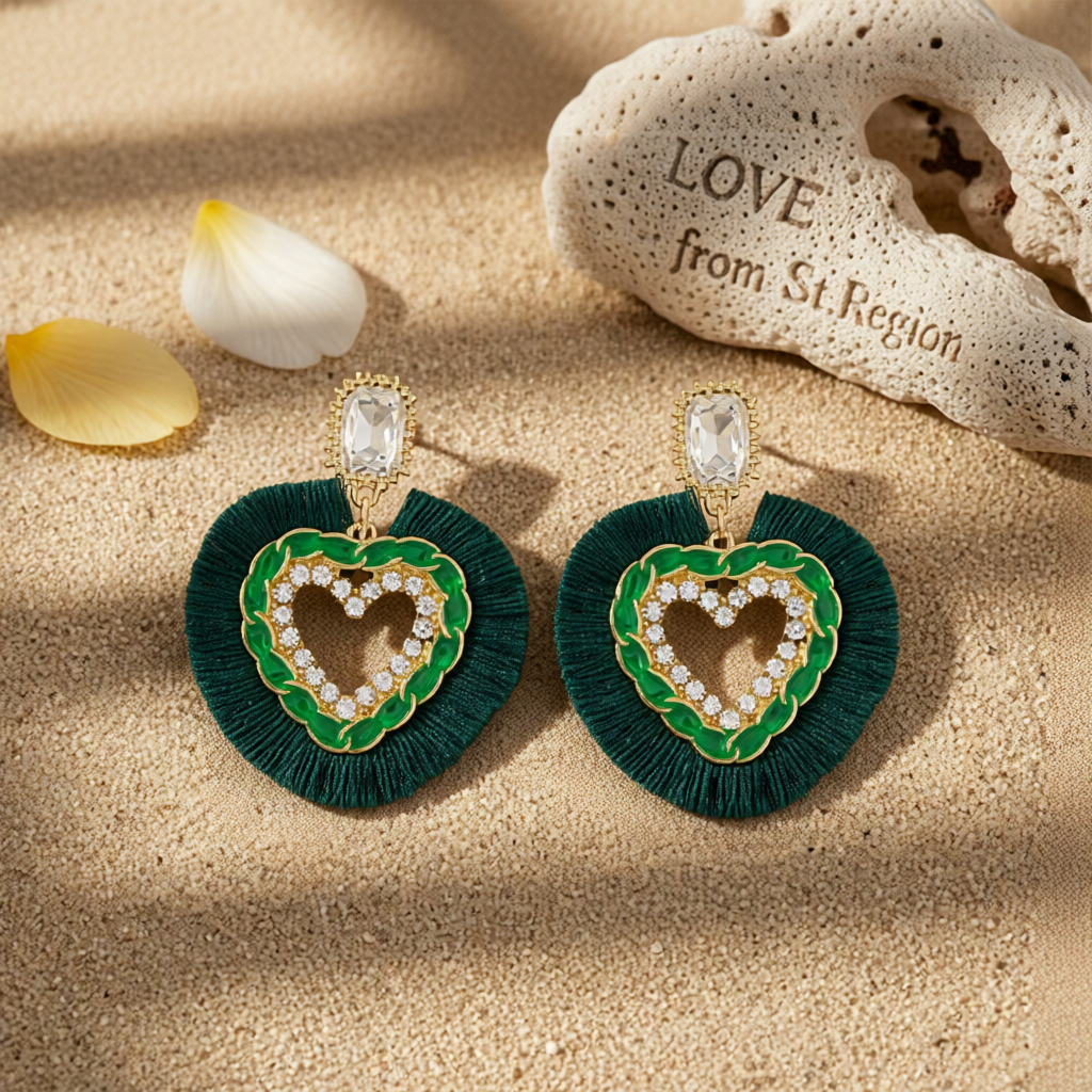 Green Polyster & Enamel Crystal Cubic Zirconia 18K Gold-Plated Heart Dangle Earring