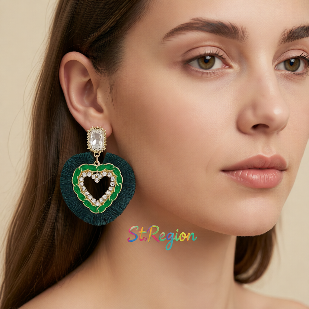 Green Polyster & Enamel Crystal Cubic Zirconia 18K Gold-Plated Heart Dangle Earring