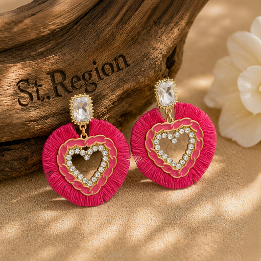 Rose Polyster & Enamel Crystal Cubic Zirconia 18K Gold-Plated Heart Dangle Earring