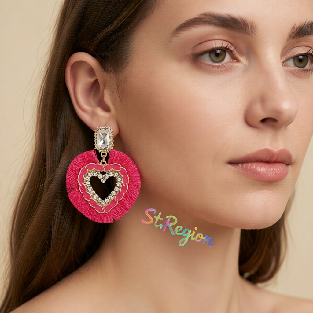 Rose Polyster & Enamel Crystal Cubic Zirconia 18K Gold-Plated Heart Dangle Earring