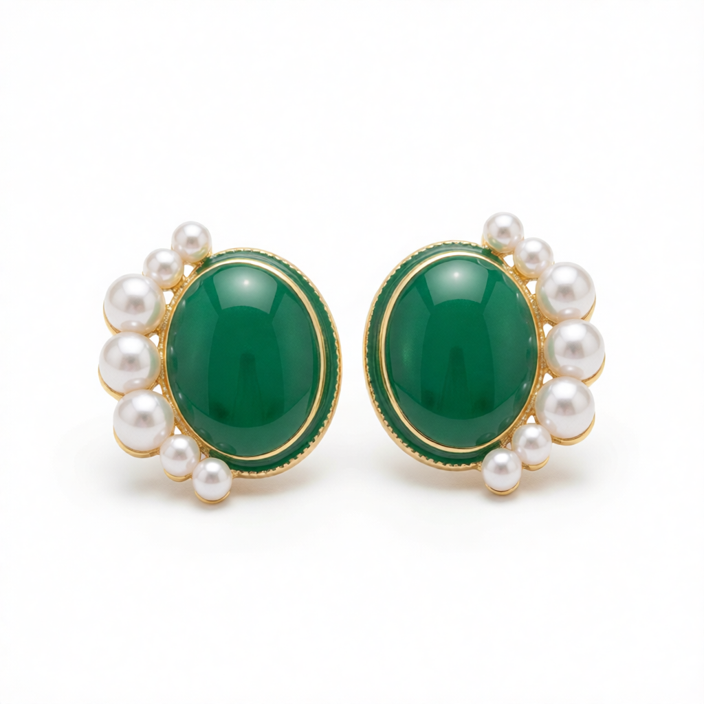 Pearl & Green Enamel 18K Gold-Plated Oval Stud Earrings
