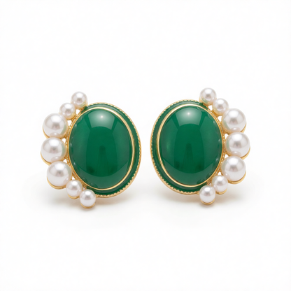 Pearl & Green Enamel 18K Gold-Plated Oval Stud Earrings