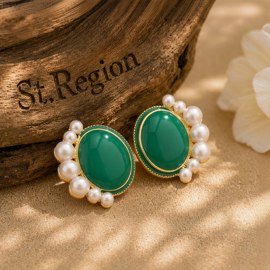 Pearl & Green Enamel 18K Gold-Plated Oval Stud Earrings