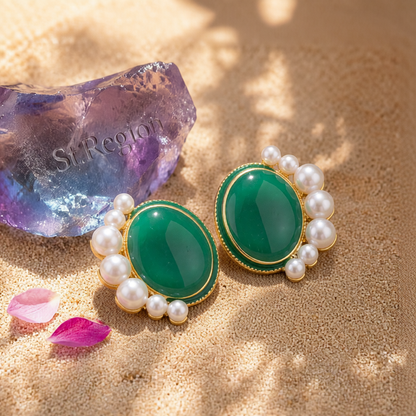 Pearl & Green Enamel 18K Gold-Plated Oval Stud Earrings